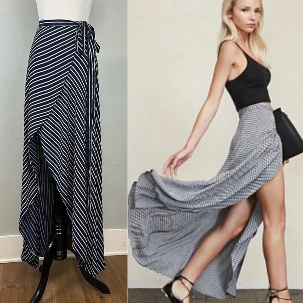 Reformation Nessy Tie Wrap Maxi Skirt In Prison Break Navy Stripe Sz Xs